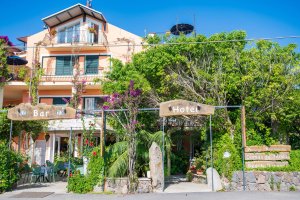 Galleria - L'ingresso fronte strada dell'Hotel Domus de Janas con cartelli in legno ed un grande albero